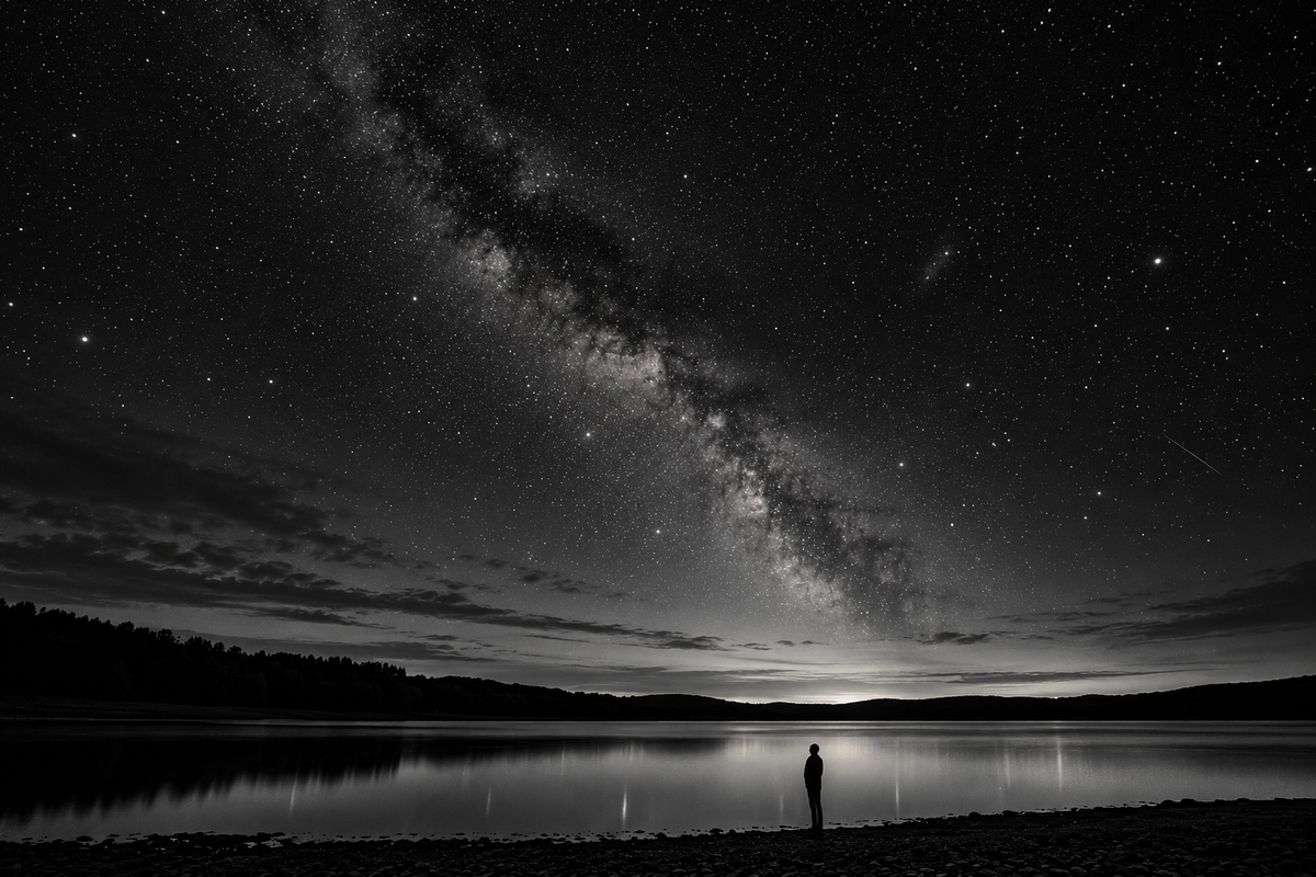 A solitary stargazer beside a moonlit lake